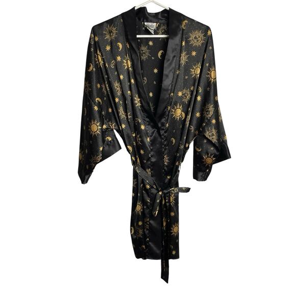Morgan Taylor Intimates Celestial Robe Womens P/S Black Gold Satin Sun Moon Star - Picture 1 of 8